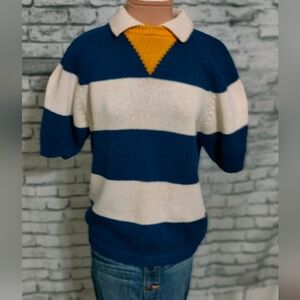 super chunky Nautical cotton Sweater Jumper stripes blue & white Layering  S
